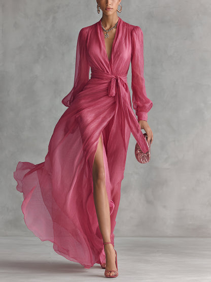 Elegant Rose Pink Chiffon V-neck Tie-waist Long Dress