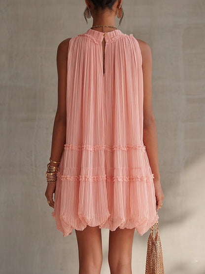 Pink Halter Neck Ruffled Chiffon Bubble Mini Dress